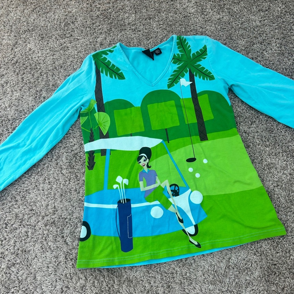 Kate Lord Womens Blue Golf Graphic V-Neck Long Sleeve Top Size S Retro Tropical